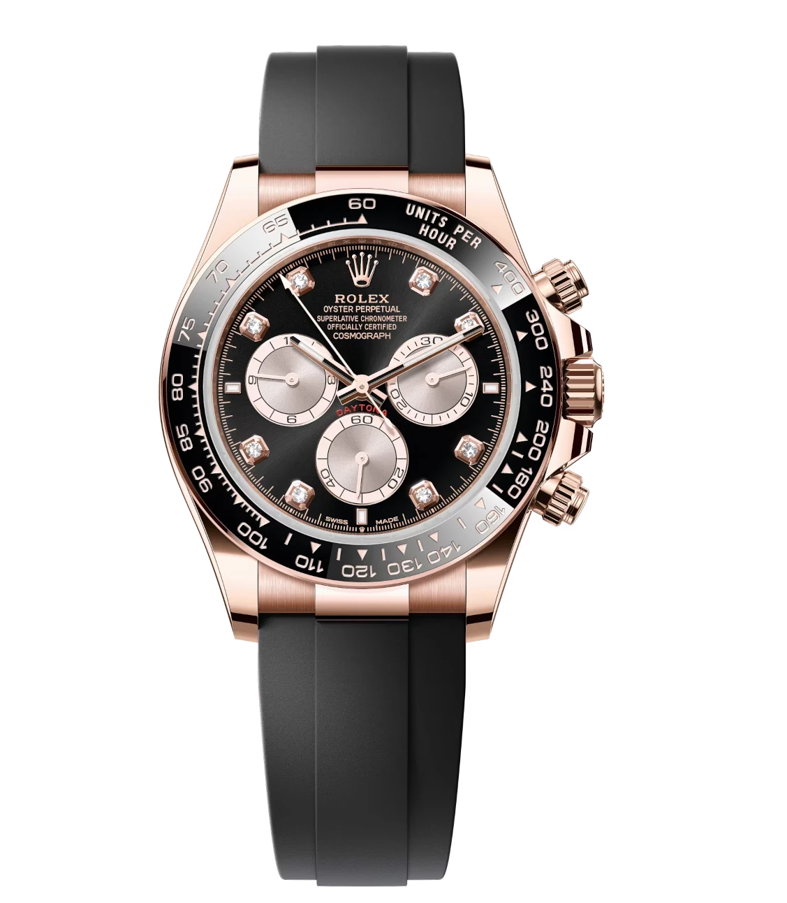 Rolex Cosmograph Daytona 40 Oyster Perpetual 18 ct Everose gold bright black and Sundust, diamond-set dial Oysterflex band Reference 126515LN 1 Rolex Cosmograph Daytona 40 Oyster Perpetual 18 ct Everose gold bright black and Sundust, diamond-set dial Oysterflex band Reference 126515LN