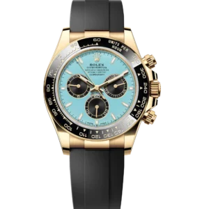 Rolex Cosmograph Daytona 40 Oyster Perpetual 18 ct yellow gold turquoise blue and black dial Oysterflex band Reference 126518LN