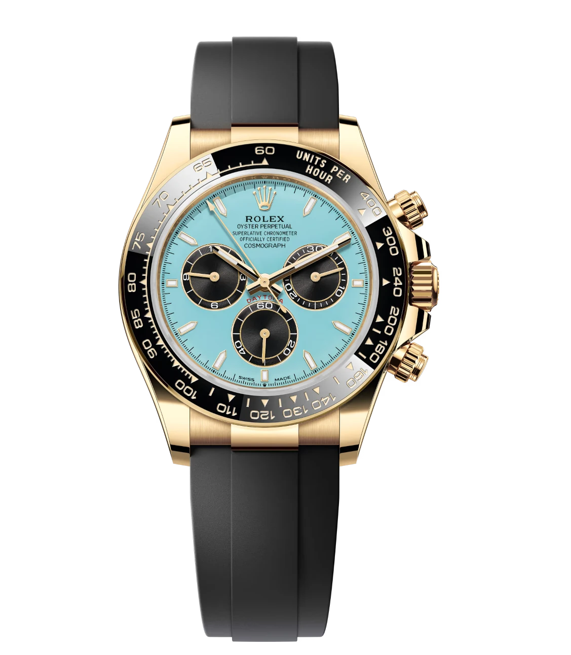 Rolex Cosmograph Daytona 40 Oyster Perpetual 18 ct yellow gold turquoise blue and black dial Oysterflex band Reference 126518LN 1 Rolex Cosmograph Daytona 40 Oyster Perpetual 18 ct yellow gold turquoise blue and black dial Oysterflex band Reference 126518LN