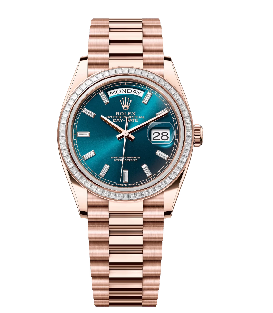 Rolex Day-Date 36 Oyster Perpetual 18 ct Everose gold blue-green, diamond-set dial diamond-set bezel President band Reference 128395TBR 1 Rolex Day-Date 36 Oyster Perpetual 18 ct Everose gold blue-green, diamond-set dial diamond-set bezel President band Reference 128395TBR