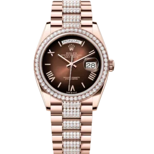 Rolex Day-Date 36 Oyster Perpetual 18 ct Everose gold brown ombré dial diamond-set bezel diamond-set President band Reference 128345RBR