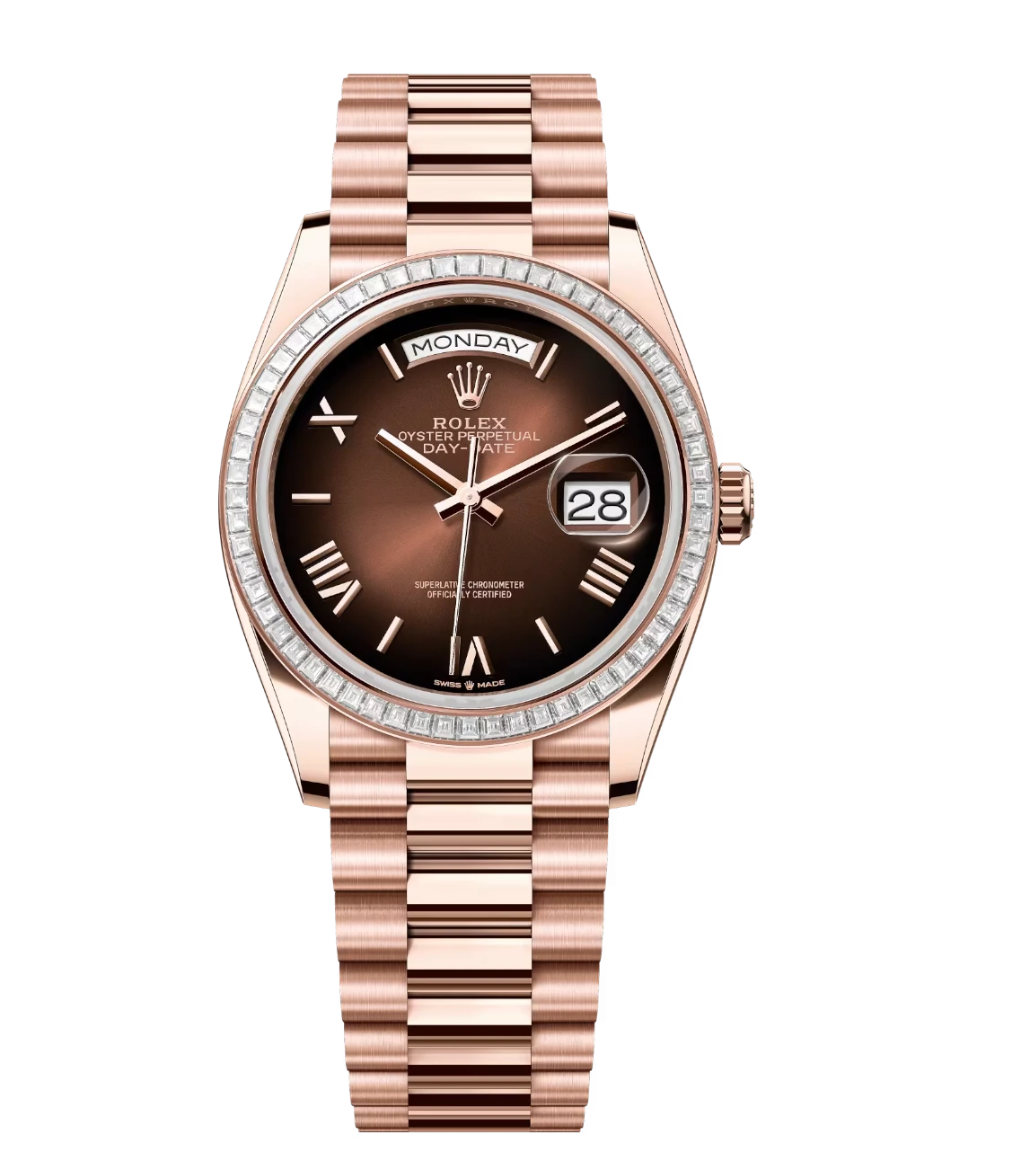 Rolex Day-Date 36 Oyster Perpetual 18 ct Everose gold brown ombré dial diamond-set bezel President band Reference 128395TBR 1 Rolex Day-Date 36 Oyster Perpetual 18 ct Everose gold brown ombré dial diamond-set bezel President band Reference 128395TBR