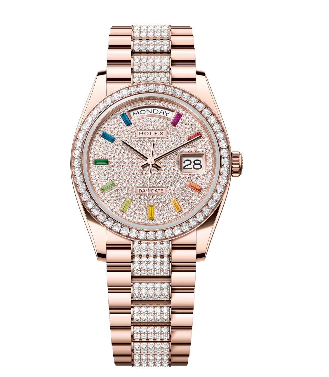 Rolex Day-Date 36 Oyster Perpetual 18 ct Everose gold diamond-paved dial diamond-set bezel diamond-set President band Reference 128345RBR 1 Rolex Day-Date 36 Oyster Perpetual 18 ct Everose gold diamond-paved dial diamond-set bezel diamond-set President band Reference 128345RBR