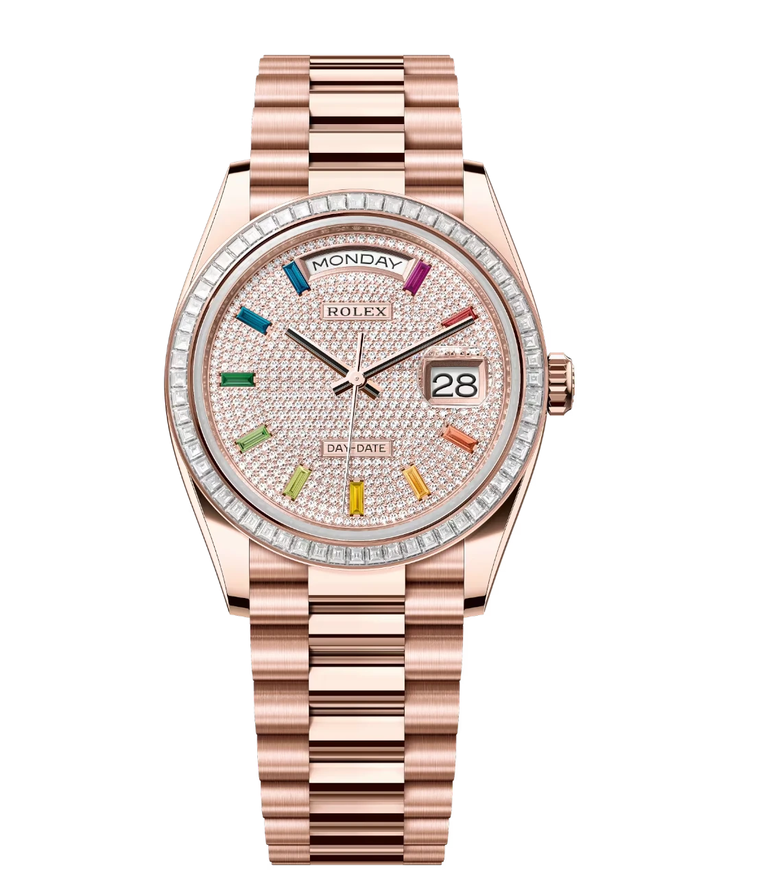 Rolex Day-Date 36 Oyster Perpetual 18 ct Everose gold diamond-paved dial diamond-set bezel President band Reference 128395TBR 1 Rolex Day-Date 36 Oyster Perpetual 18 ct Everose gold diamond-paved dial diamond-set bezel President band Reference 128395TBR