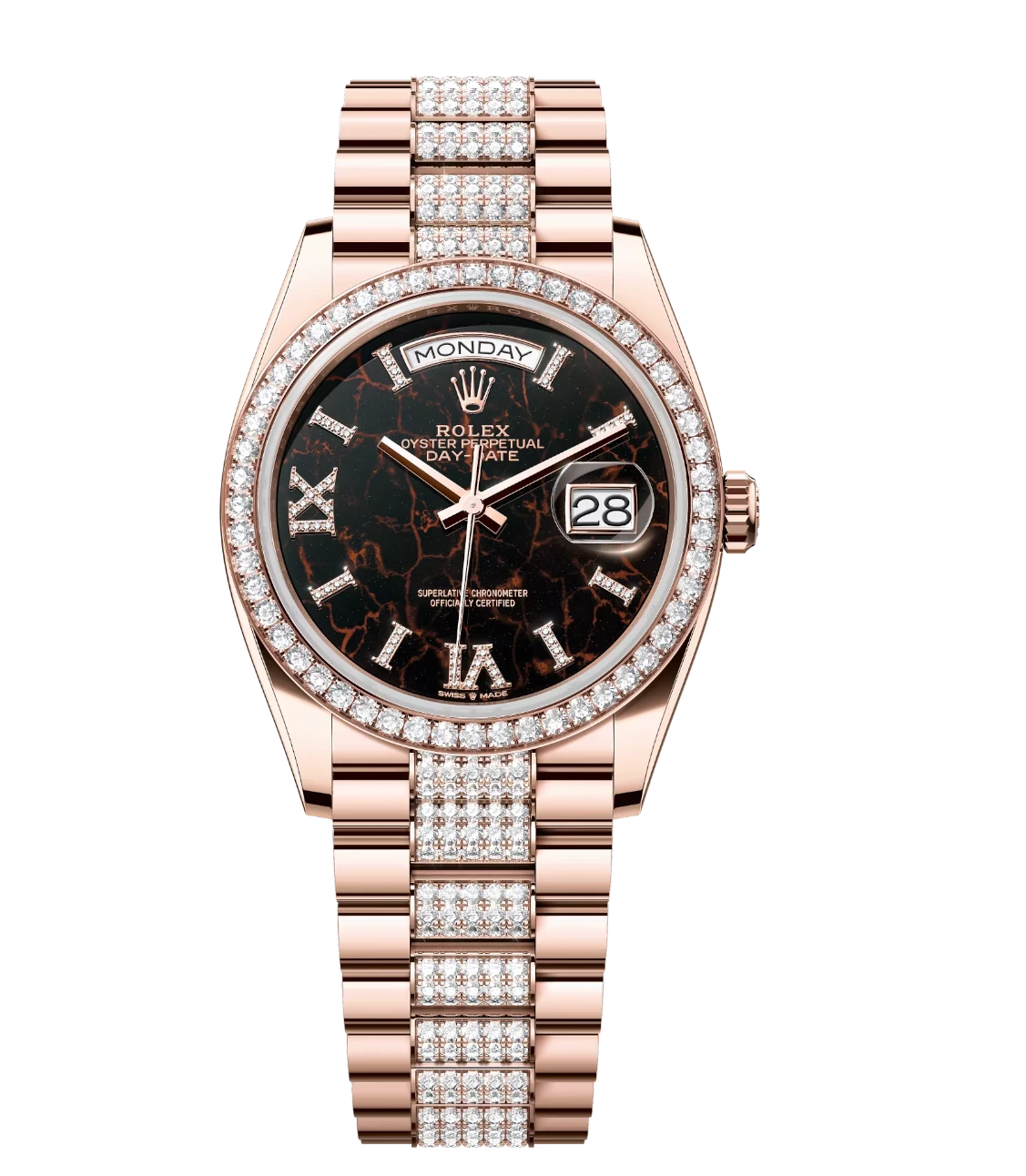 Rolex Day-Date 36 Oyster Perpetual 18 ct Everose gold eisenkiesel, diamond-set dial diamond-set bezel diamond-set President band Reference 128345RBR 1 Rolex Day-Date 36 Oyster Perpetual 18 ct Everose gold eisenkiesel, diamond-set dial diamond-set bezel diamond-set President band Reference 128345RBR