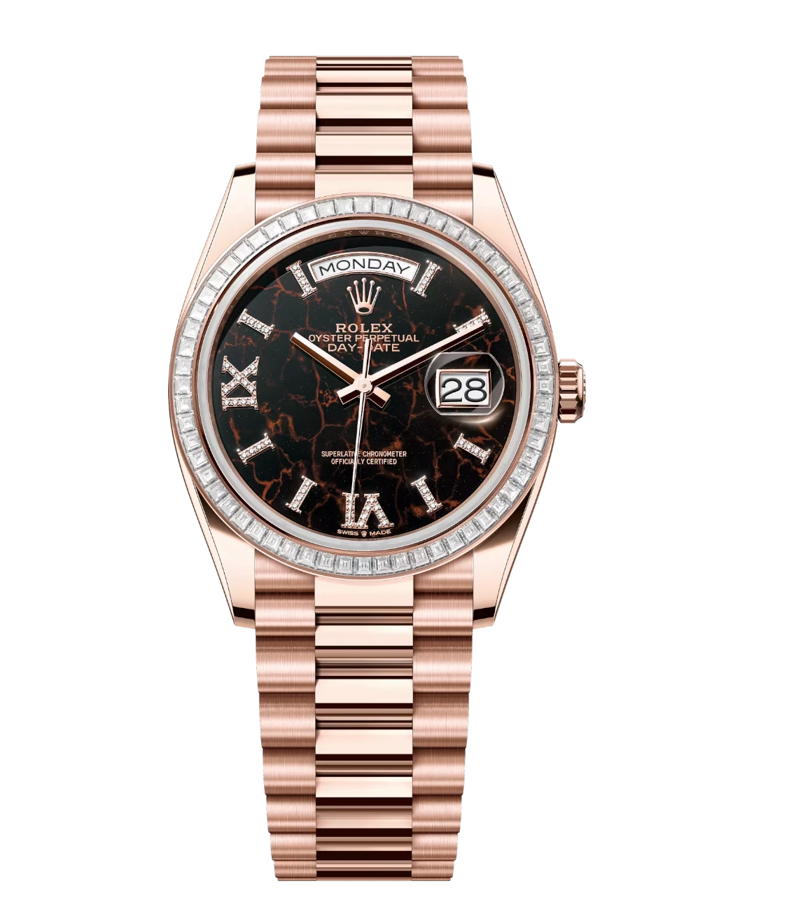 Rolex Day-Date 36 Oyster Perpetual 18 ct Everose gold eisenkiesel, diamond-set dial diamond-set bezel President band Reference 128395TBR 1 Rolex Day-Date 36 Oyster Perpetual 18 ct Everose gold eisenkiesel, diamond-set dial diamond-set bezel President band Reference 128395TBR