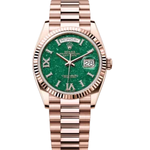 Rolex Day-Date 36 Oyster Perpetual 18 ct Everose gold green aventurine, diamond-set dial fluted bezel President band Reference 128235