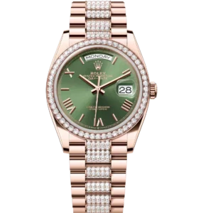 Rolex Day-Date 36 Oyster Perpetual 18 ct Everose gold olive-green dial diamond-set bezel diamond-set President band Reference 128345RBR