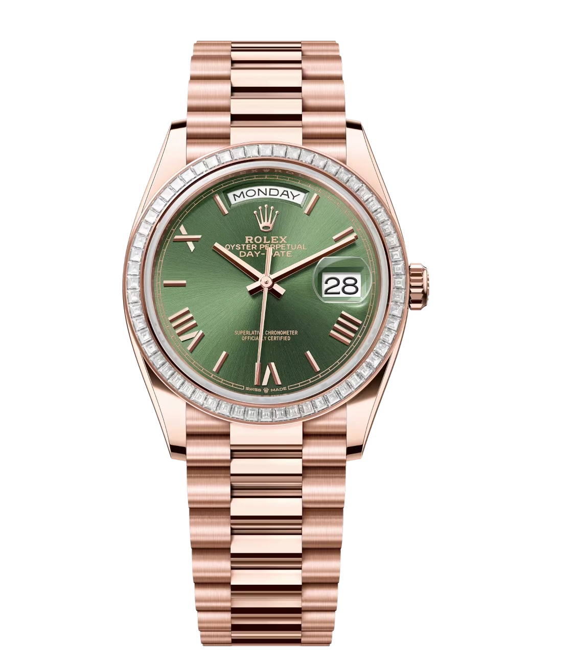 Rolex Day-Date 36 Oyster Perpetual 18 ct Everose gold olive-green dial diamond-set bezel President band Reference 128395TBR 1 Rolex Day-Date 36 Oyster Perpetual 18 ct Everose gold olive-green dial diamond-set bezel President band Reference 128395TBR