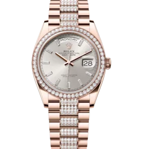 Rolex Day-Date 36 Oyster Perpetual 18 ct Everose gold silver, diamond-set dial diamond-set bezel diamond-set President band Reference 128345RBR