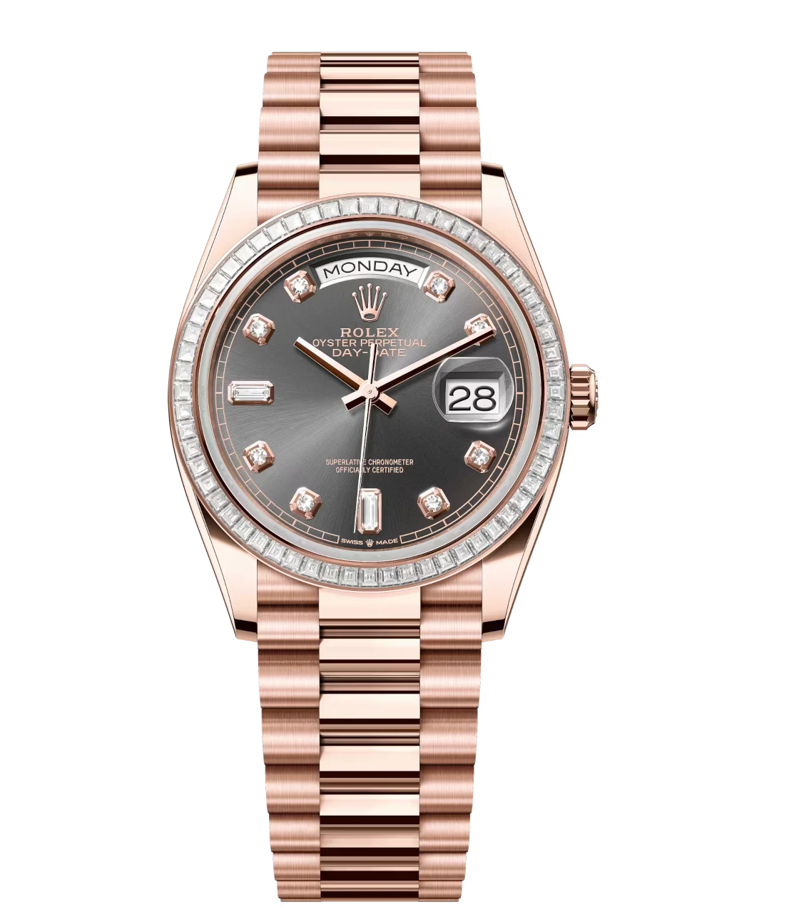 Rolex Day-Date 36 Oyster Perpetual 18 ct Everose gold slate, diamond-set dial diamond-set bezel President band Reference 128395TBR 1 Rolex Day-Date 36 Oyster Perpetual 18 ct Everose gold slate, diamond-set dial diamond-set bezel President band Reference 128395TBR