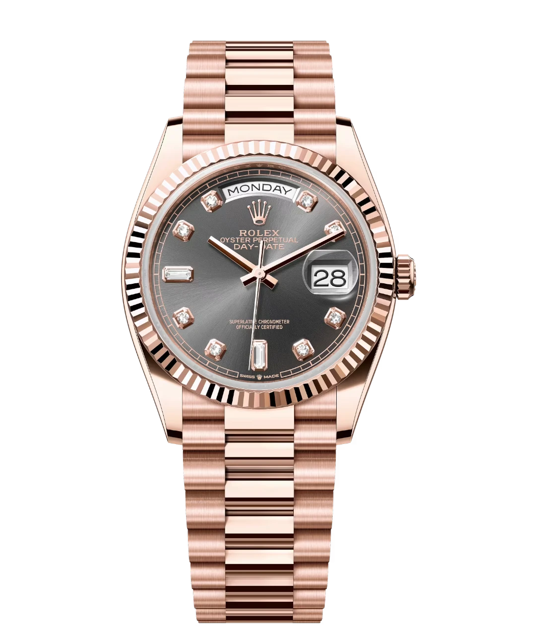 Rolex Day-Date 36 Oyster Perpetual 18 ct Everose gold slate, diamond-set dial fluted bezel President band Reference 128235 1 Rolex Day-Date 36 Oyster Perpetual 18 ct Everose gold slate, diamond-set dial fluted bezel President band Reference 128235
