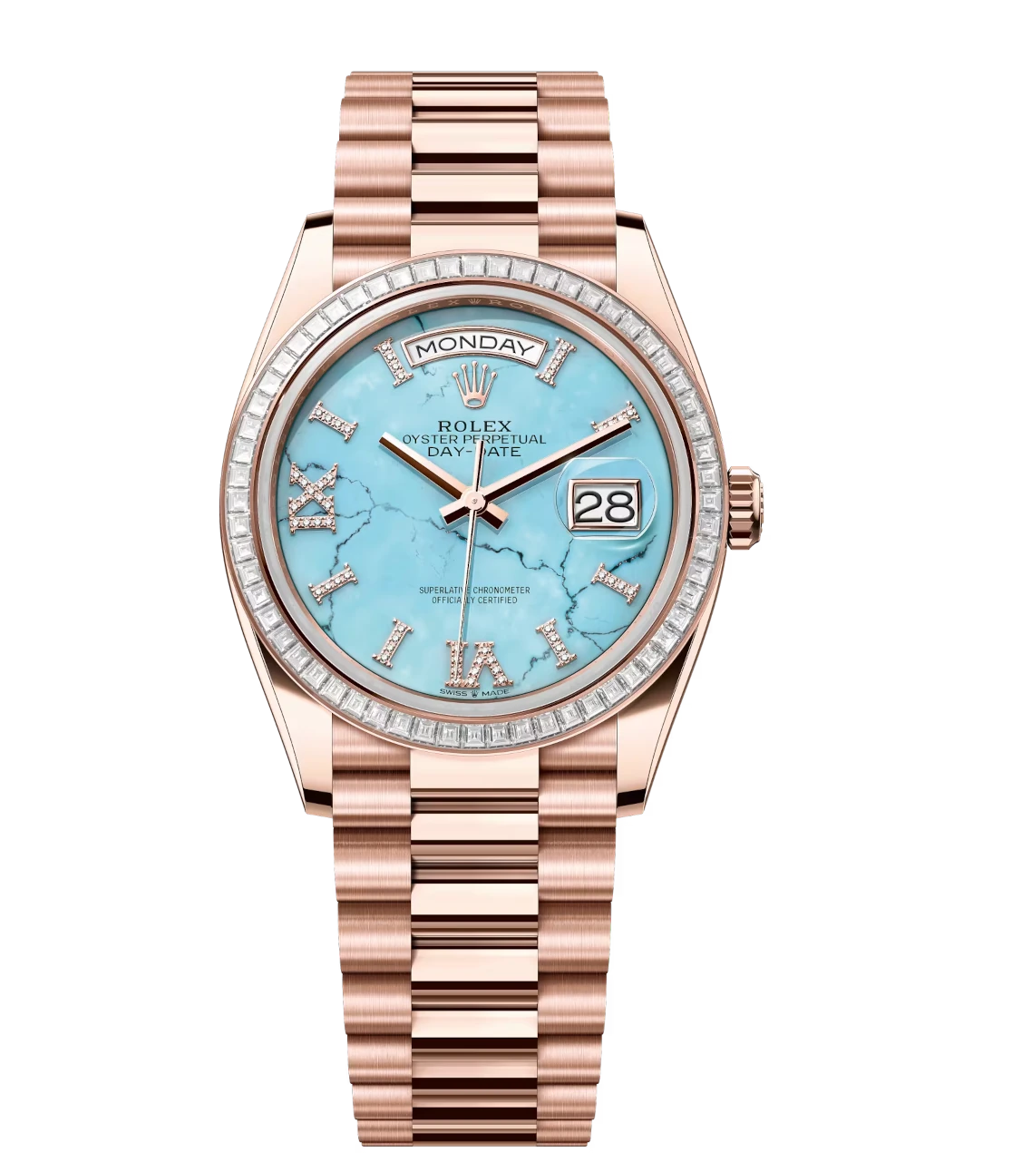 Rolex Day-Date 36 Oyster Perpetual 18 ct Everose gold turquoise, diamond-set dial diamond-set bezel President band Reference 128395TBR 1 Rolex Day-Date 36 Oyster Perpetual 18 ct Everose gold turquoise, diamond-set dial diamond-set bezel President band Reference 128395TBR