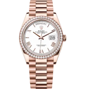 Rolex Day-Date 36 Oyster Perpetual 18 ct Everose gold white dial diamond-set bezel President band Reference 128345RBR