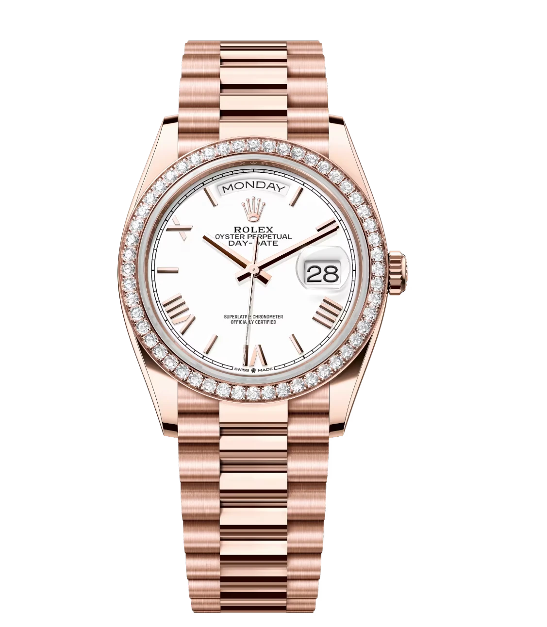 Rolex Day-Date 36 Oyster Perpetual 18 ct Everose gold white dial diamond-set bezel President band Reference 128345RBR 1 Rolex Day-Date 36 Oyster Perpetual 18 ct Everose gold white dial diamond-set bezel President band Reference 128345RBR