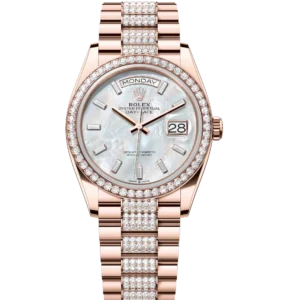 Rolex Day-Date 36 Oyster Perpetual 18 ct Everose gold white mother-of-pearl, diamond-set dial diamond-set bezel diamond-set President band Reference 128345RBR