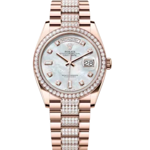 Rolex Day-Date 36 Oyster Perpetual 18 ct Everose gold white mother-of-pearl, diamond-set dial diamond-set bezel diamond-set President band Reference 128345RBR