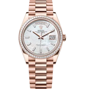 Rolex Day-Date 36 Oyster Perpetual 18 ct Everose gold white mother-of-pearl, diamond-set dial diamond-set bezel President band Reference 128395TBR