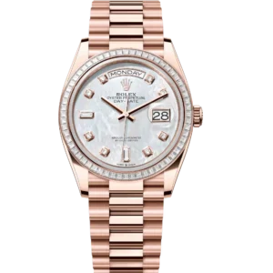 Rolex Day-Date 36 Oyster Perpetual 18 ct Everose gold white mother-of-pearl, diamond-set dial diamond-set bezel President band Reference 128395TBR