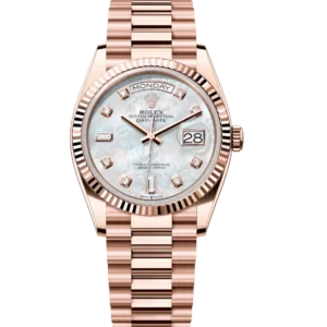 Rolex Day-Date 36 Oyster Perpetual 18 ct Everose gold white mother-of-pearl, diamond-set dial fluted bezel President band Reference 128235