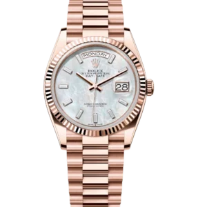 Rolex Day-Date 36 Oyster Perpetual 18 ct Everose gold white mother-of-pearl, diamond-set dial fluted bezel President band Reference 128235