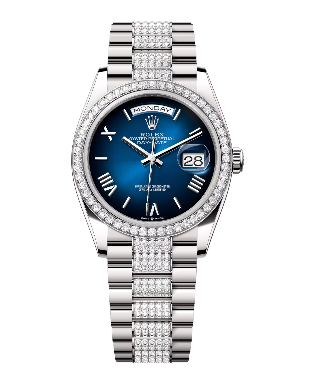 Rolex Day-Date 36 Oyster Perpetual 18 ct white gold blue ombré dial diamond-set bezel diamond-set President band Reference 128349RBR 1 Rolex Day-Date 36 Oyster Perpetual 18 ct white gold blue ombré dial diamond-set bezel diamond-set President band Reference 128349RBR
