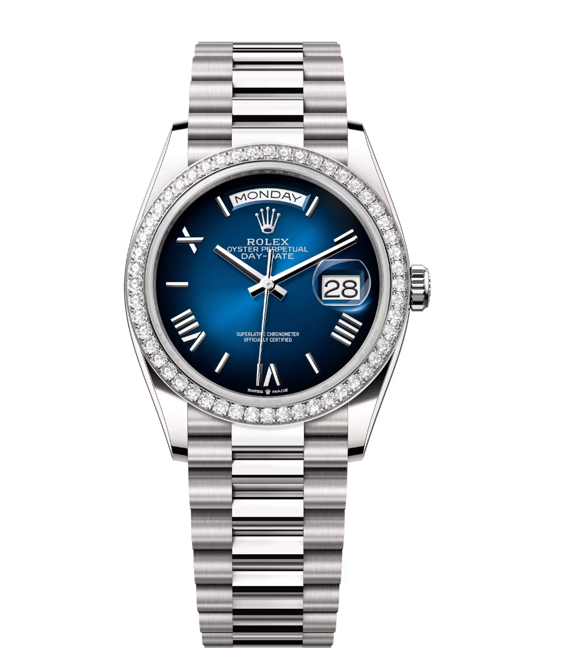 Rolex Day-Date 36 Oyster Perpetual 18 ct white gold blue ombré dial diamond-set bezel President band Reference 128349RBR 1 Rolex Day-Date 36 Oyster Perpetual 18 ct white gold blue ombré dial diamond-set bezel President band Reference 128349RBR