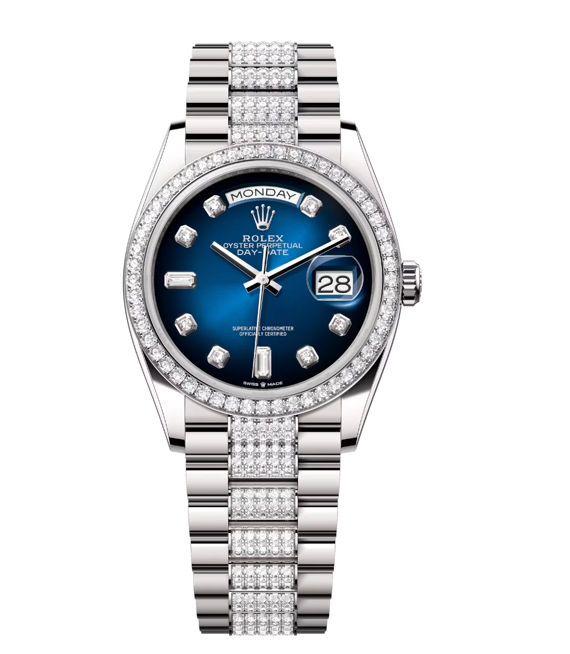 Rolex Day-Date 36 Oyster Perpetual 18 ct white gold blue ombré, diamond-set dial diamond-set bezel diamond-set President band Reference 128349RBR 1 Rolex Day-Date 36 Oyster Perpetual 18 ct white gold blue ombré, diamond-set dial diamond-set bezel diamond-set President band Reference 128349RBR