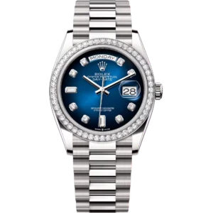 Rolex Day-Date 36 Oyster Perpetual 18 ct white gold blue ombré, diamond-set dial diamond-set bezel President band Reference 128349RBR