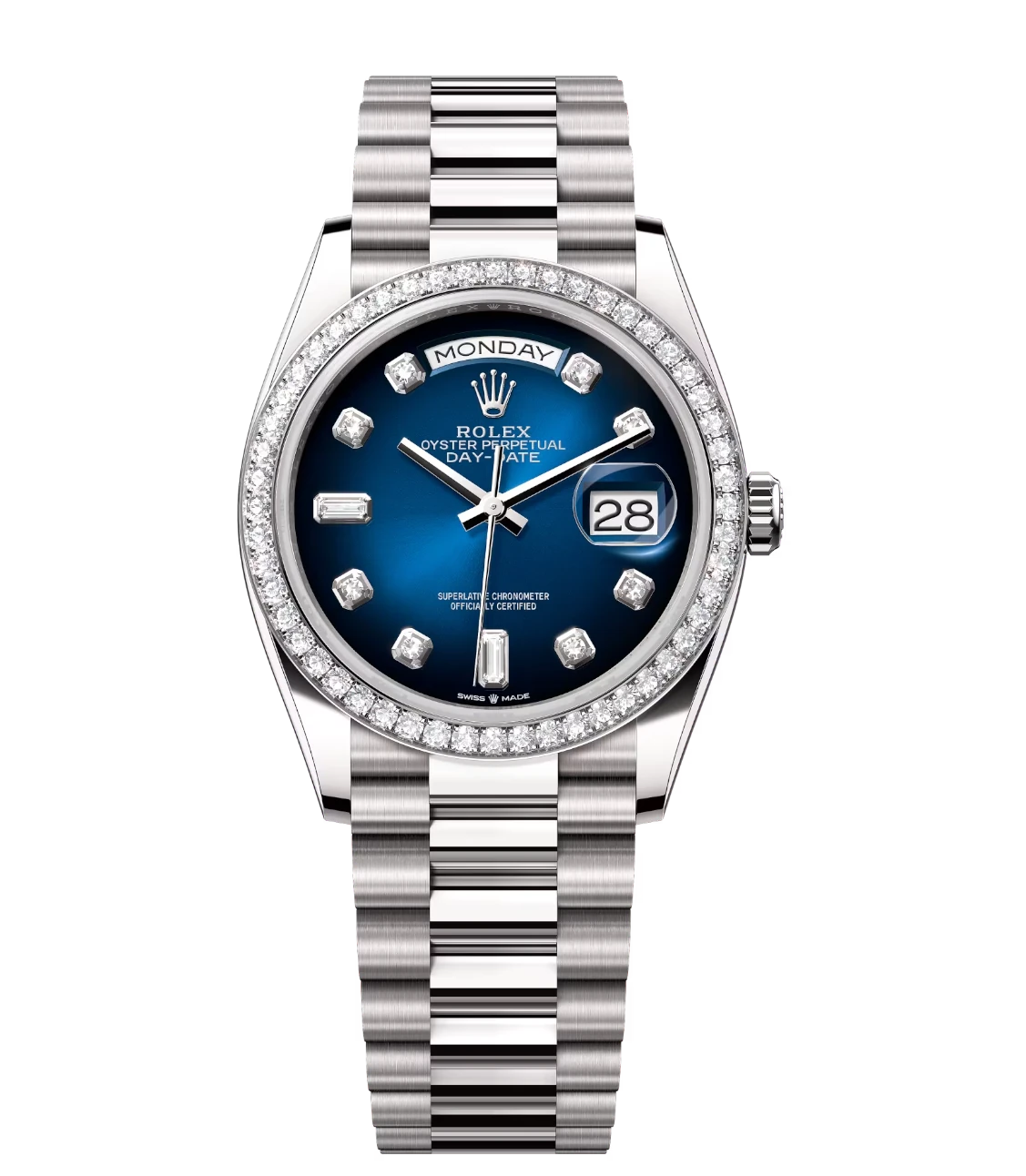 Rolex Day-Date 36 Oyster Perpetual 18 ct white gold blue ombré, diamond-set dial diamond-set bezel President band Reference 128349RBR 1 Rolex Day-Date 36 Oyster Perpetual 18 ct white gold blue ombré, diamond-set dial diamond-set bezel President band Reference 128349RBR