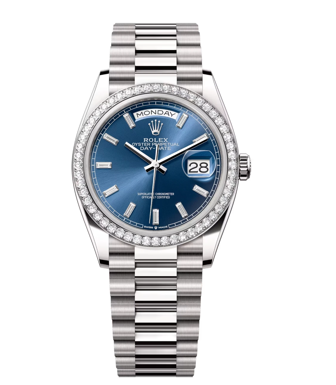 Rolex Day-Date 36 Oyster Perpetual 18 ct white gold bright blue, diamond-set dial diamond-set bezel President band Reference 128349RBR 1 Rolex Day-Date 36 Oyster Perpetual 18 ct white gold bright blue, diamond-set dial diamond-set bezel President band Reference 128349RBR