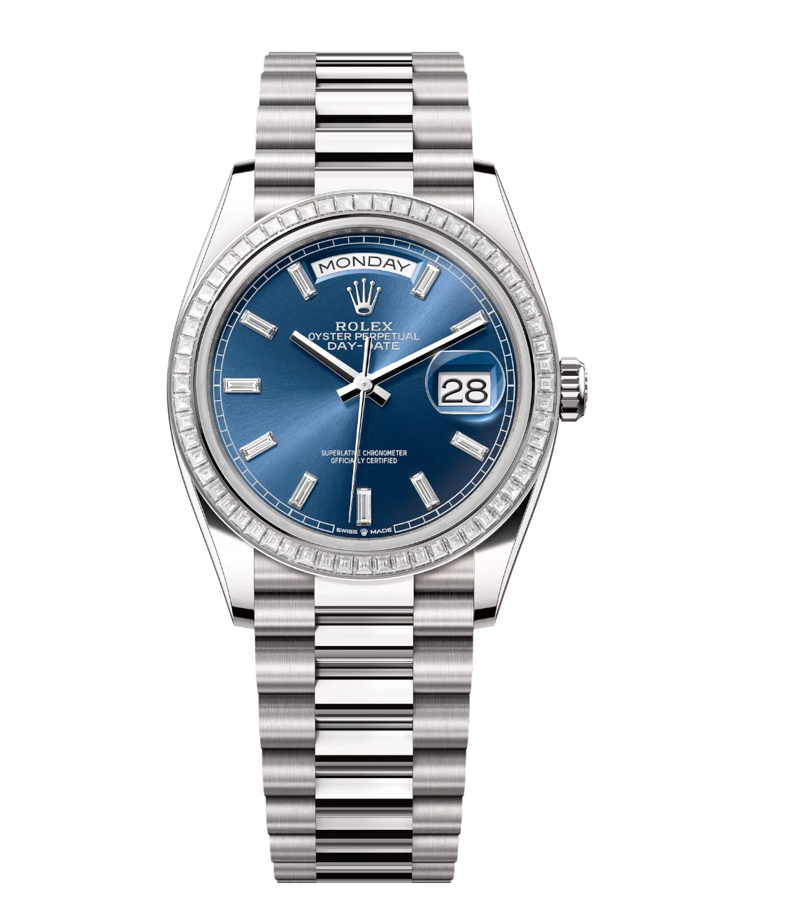 Rolex Day-Date 36 Oyster Perpetual 18 ct white gold bright blue, diamond-set dial diamond-set bezel President band Reference 128399TBR 1 Rolex Day-Date 36 Oyster Perpetual 18 ct white gold bright blue, diamond-set dial diamond-set bezel President band Reference 128399TBR