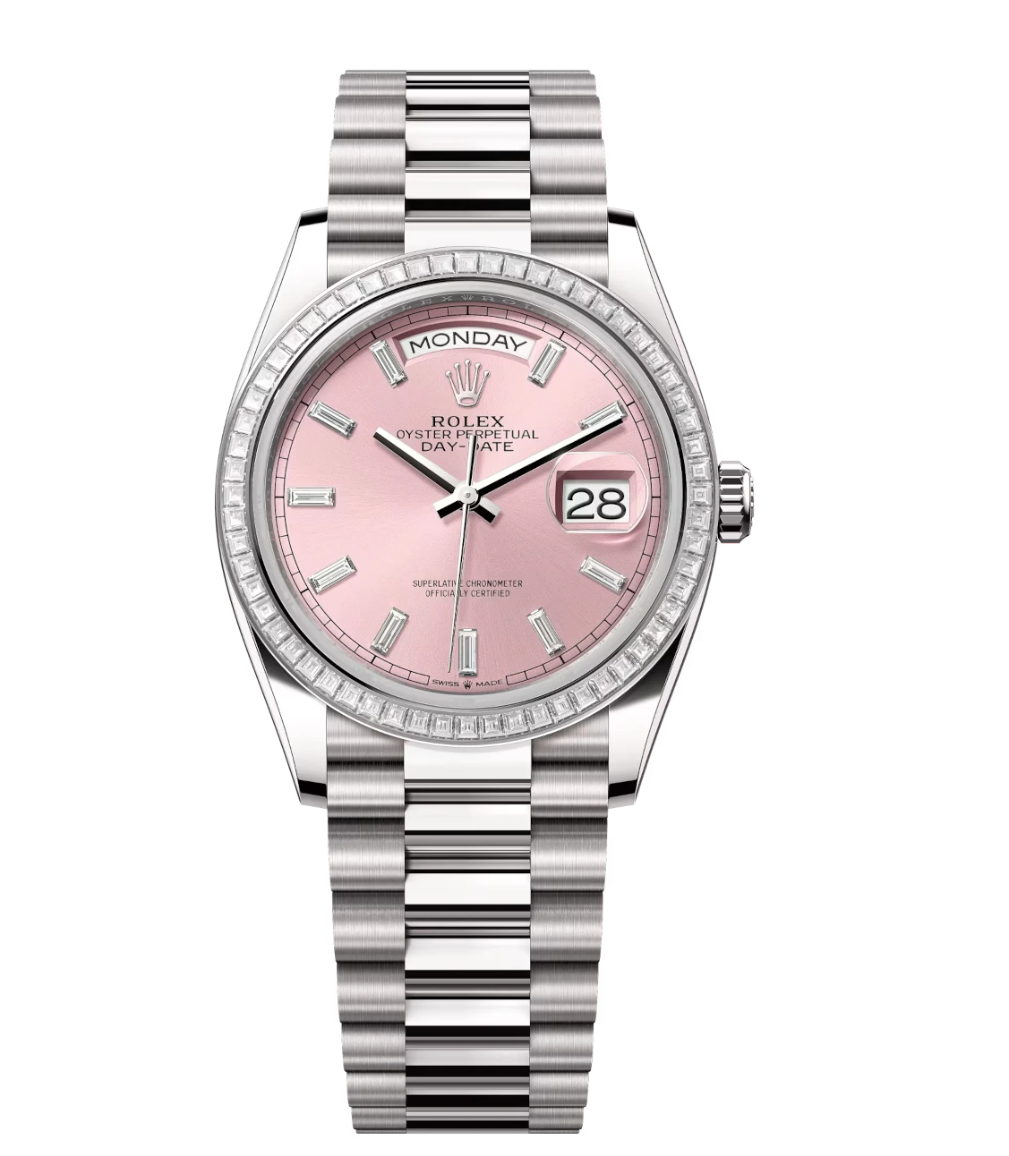 Rolex Day-Date 36 Oyster Perpetual 18 ct white gold pink, diamond-set dial diamond-set bezel President band Reference 128399TBR 1 Rolex Day-Date 36 Oyster Perpetual 18 ct white gold pink, diamond-set dial diamond-set bezel President band Reference 128399TBR
