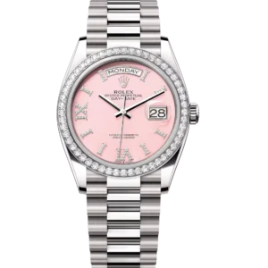 Rolex Day-Date 36 Oyster Perpetual 18 ct white gold pink opal, diamond-set dial diamond-set bezel President band Reference 128349RBR