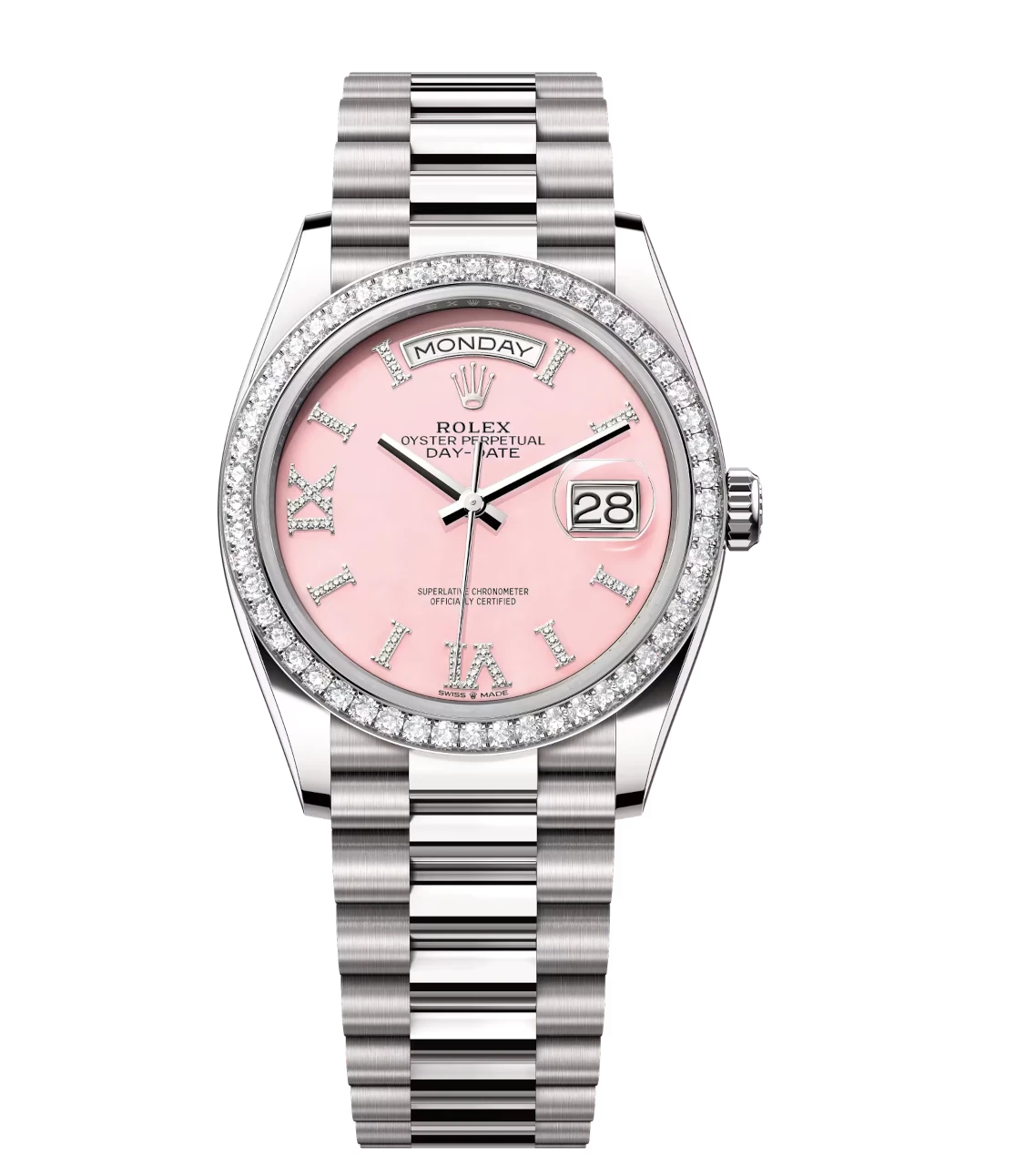 Rolex Day-Date 36 Oyster Perpetual 18 ct white gold pink opal, diamond-set dial diamond-set bezel President band Reference 128349RBR 1 Rolex Day-Date 36 Oyster Perpetual 18 ct white gold pink opal, diamond-set dial diamond-set bezel President band Reference 128349RBR