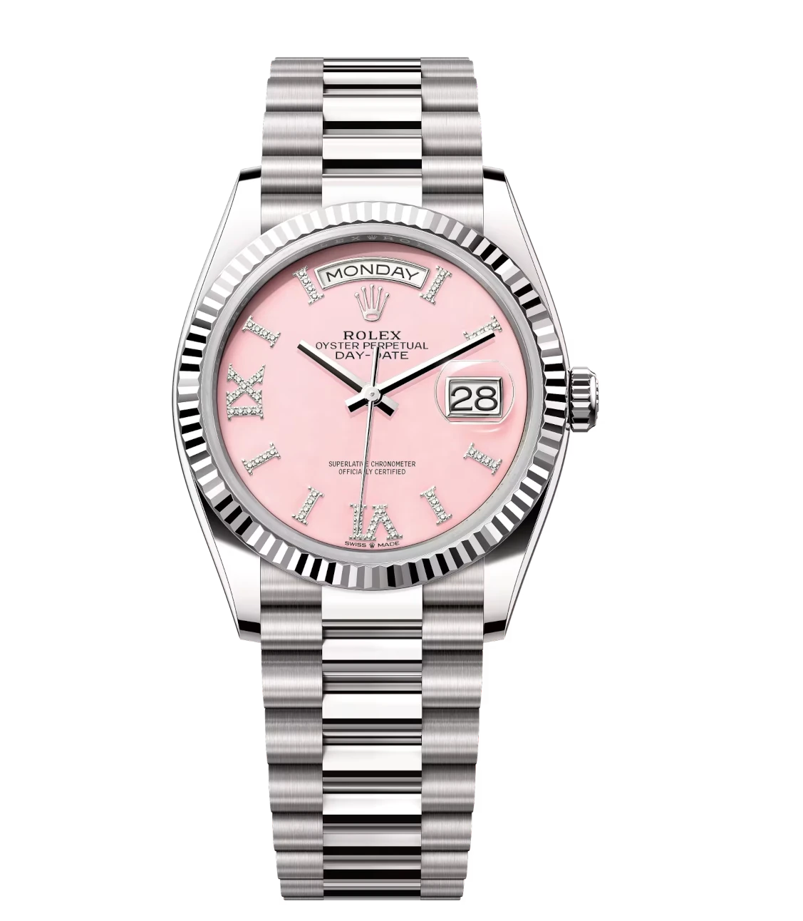 Rolex Day-Date 36 Oyster Perpetual 18 ct white gold pink opal, diamond-set dial fluted bezel President band Reference 128239 1 Rolex Day-Date 36 Oyster Perpetual 18 ct white gold pink opal, diamond-set dial fluted bezel President band Reference 128239