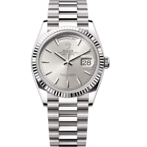 Rolex Day-Date 36 Oyster Perpetual 18 ct white gold silver dial fluted bezel President band Reference 128239