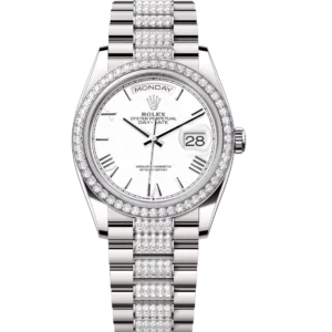 Rolex Day-Date 36 Oyster Perpetual 18 ct white gold white dial diamond-set bezel diamond-set President band Reference 128349RBR