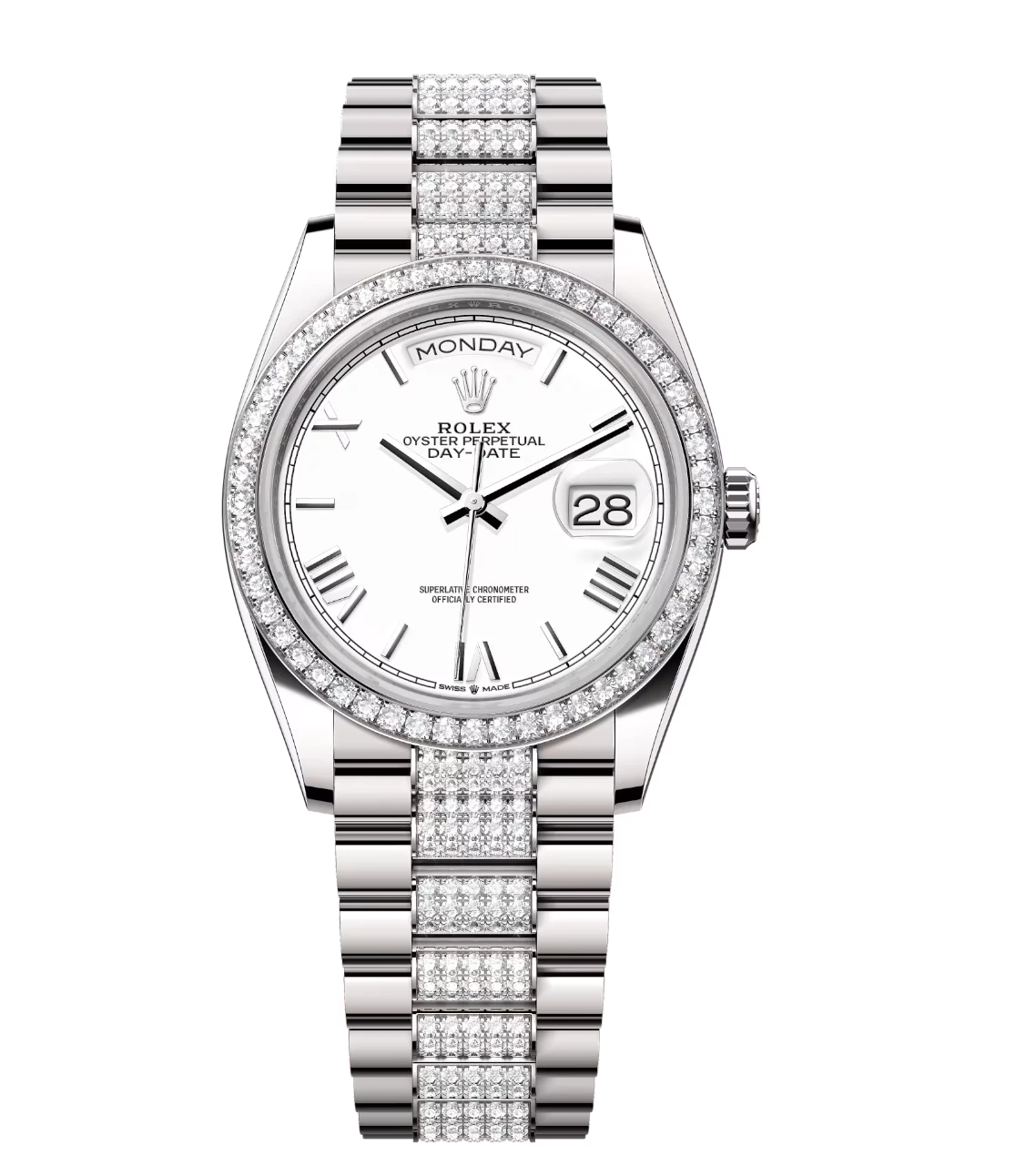 Rolex Day-Date 36 Oyster Perpetual 18 ct white gold white dial diamond-set bezel diamond-set President band Reference 128349RBR 1 Rolex Day-Date 36 Oyster Perpetual 18 ct white gold white dial diamond-set bezel diamond-set President band Reference 128349RBR