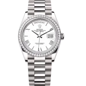 Rolex Day-Date 36 Oyster Perpetual 18 ct white gold white dial diamond-set bezel President band Reference 128349RBR