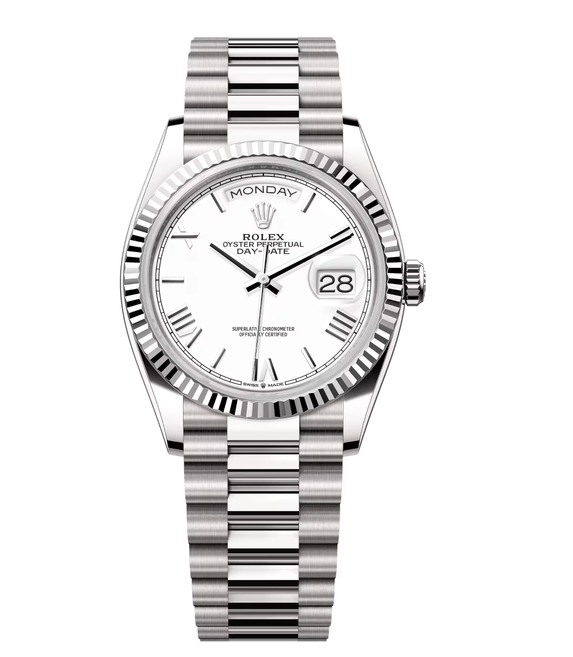 Rolex Day-Date 36 Oyster Perpetual 18 ct white gold white dial fluted bezel President band Reference 128239 1 Rolex Day-Date 36 Oyster Perpetual 18 ct white gold white dial fluted bezel President band Reference 128239