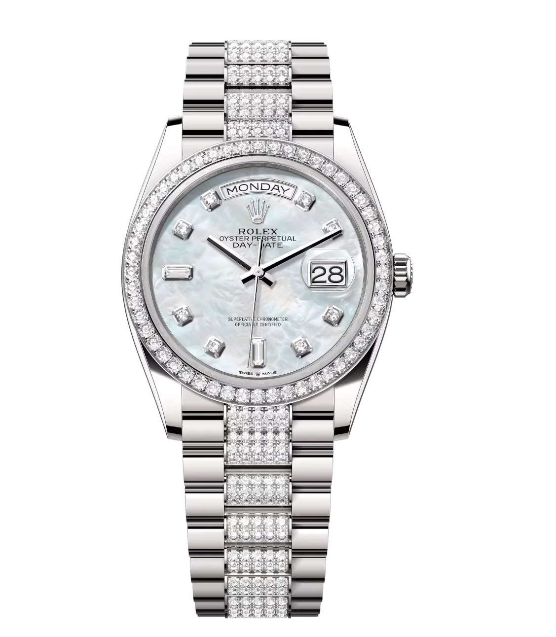 Rolex Day-Date 36 Oyster Perpetual 18 ct white gold white mother-of-pearl, diamond-set dial diamond-set bezel diamond-set President band Reference 128349RBR 1 Rolex Day-Date 36 Oyster Perpetual 18 ct white gold white mother-of-pearl, diamond-set dial diamond-set bezel diamond-set President band Reference 128349RBR