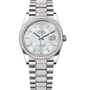 Rolex Day-Date 36 Oyster Perpetual 18 ct white gold white mother-of-pearl, diamond-set dial diamond-set bezel diamond-set President band Reference 128349RBR