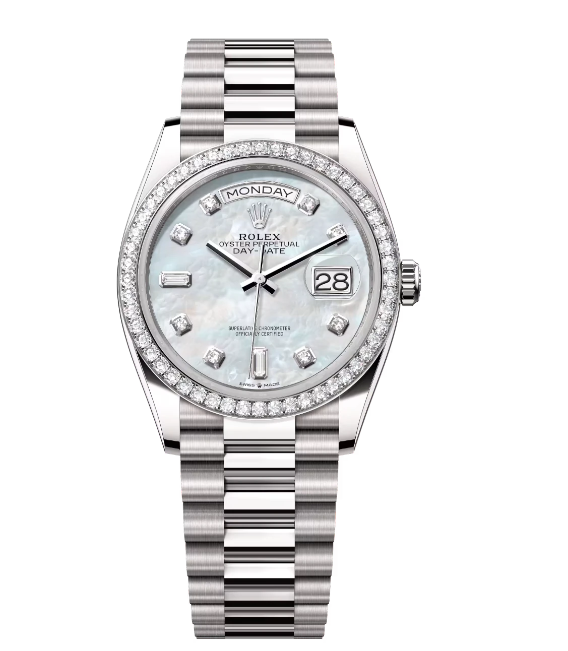 Rolex Day-Date 36 Oyster Perpetual 18 ct white gold white mother-of-pearl, diamond-set dial diamond-set bezel President band Reference 128349RBR 1 Rolex Day-Date 36 Oyster Perpetual 18 ct white gold white mother-of-pearl, diamond-set dial diamond-set bezel President band Reference 128349RBR