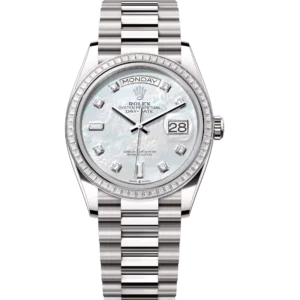 Rolex Day-Date 36 Oyster Perpetual 18 ct white gold white mother-of-pearl, diamond-set dial diamond-set bezel President band Reference 128399TBR