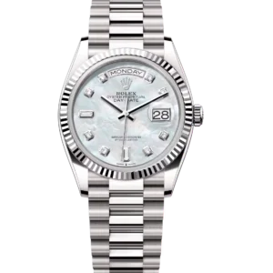 Rolex Day-Date 36 Oyster Perpetual 18 ct white gold white mother-of-pearl, diamond-set dial fluted bezel President band Reference 128239