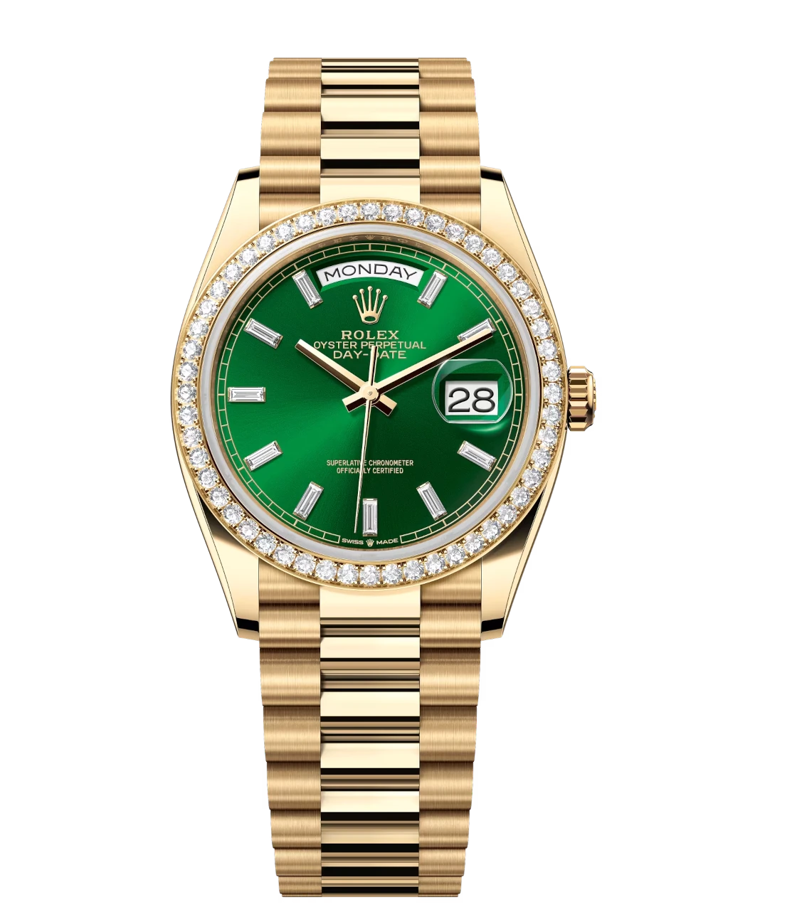 Rolex Day-Date 36 Oyster Perpetual 18 ct yellow gold bright green, diamond-set dial diamond-set bezel President band Reference 128348RBR 1 Rolex Day-Date 36 Oyster Perpetual 18 ct yellow gold bright green, diamond-set dial diamond-set bezel President band Reference 128348RBR