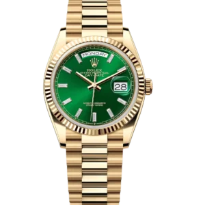 Rolex Day-Date 36 Oyster Perpetual 18 ct yellow gold bright green, diamond-set dial fluted bezel President band Reference 128238