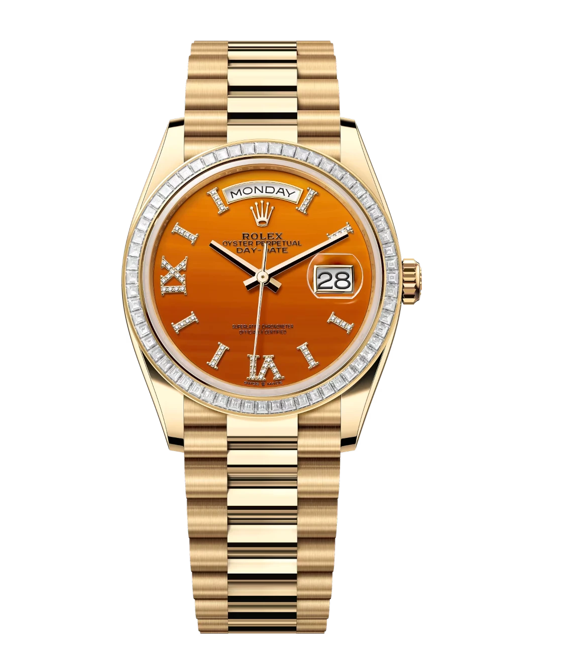 Rolex Day-Date 36 Oyster Perpetual 18 ct yellow gold carnelian, diamond-set dial diamond-set bezel President band Reference 128398TBR 1 Rolex Day-Date 36 Oyster Perpetual 18 ct yellow gold carnelian, diamond-set dial diamond-set bezel President band Reference 128398TBR