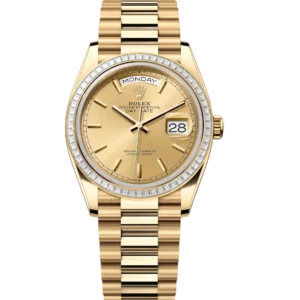 Rolex Day-Date 36 Oyster Perpetual 18 ct yellow gold champagne-colour dial diamond-set bezel President band Reference 128398TBR